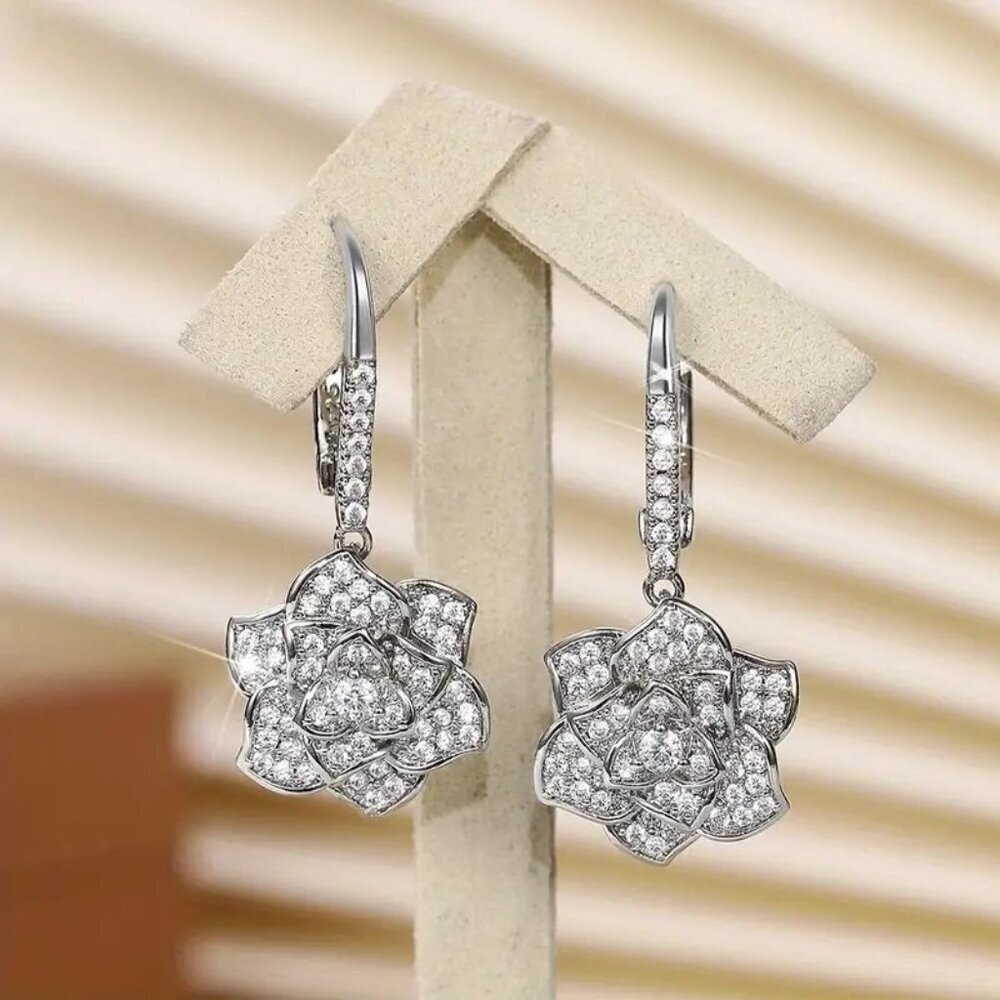 Rose Crystal Zirconia Encrusted Bridal Dainty Earrings NEW